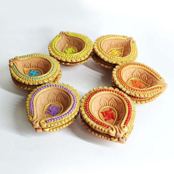 Buy Colourful Motiff Diya (Design3)- Diwali Special - Set of 12 Diyas & Cotton Wicks | Shop Verified Sustainable Products on Brown Living