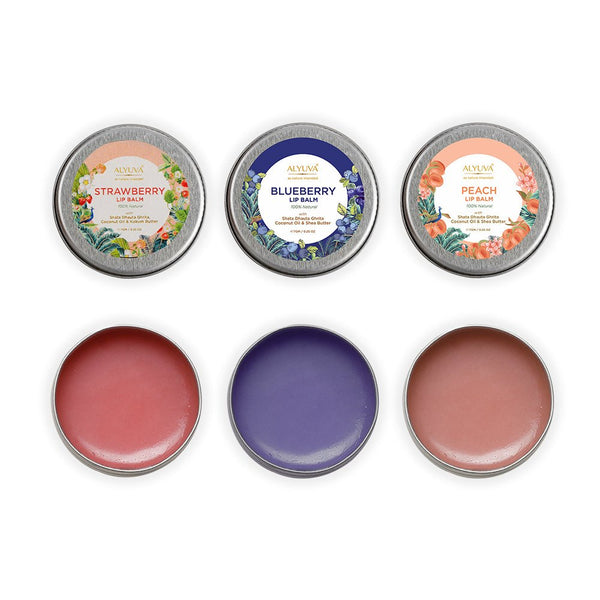 Buy Combo of Ghee Enriched 100% Natural Strawberry, Blueberry & Peach Lip Balms, 7gms Each | Shop Verified Sustainable Products on Brown Living