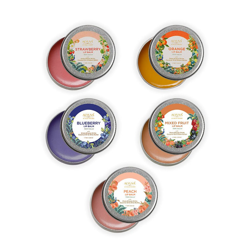 Buy Lip Balm Combo- Strawberry, Orange, Blueberry, Mix Fruit and Peach, 7gms Each | Shop Verified Sustainable Lip Balms on Brown Living™