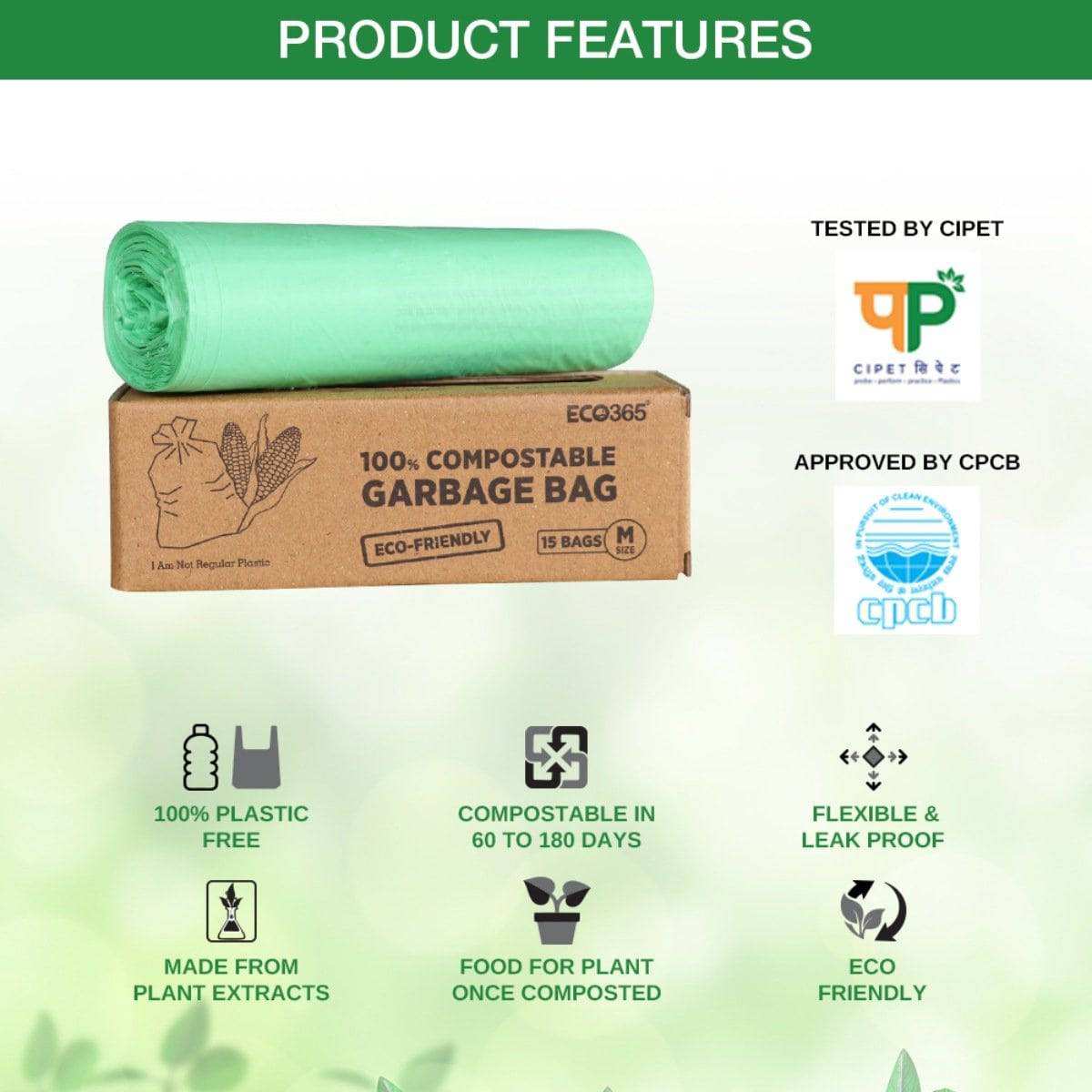 Compostable Garbage Bag Medium 19x21 Inches Medium - Pack of 3 (45Pcs) | Verified Sustainable by Brown Living™