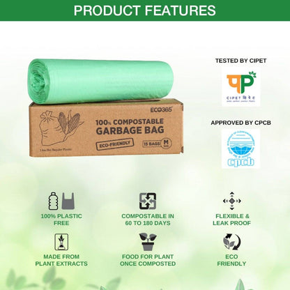 Compostable Garbage Bag Medium 19x21 Inches Medium - Pack of 3 (45Pcs) | Verified Sustainable by Brown Living™