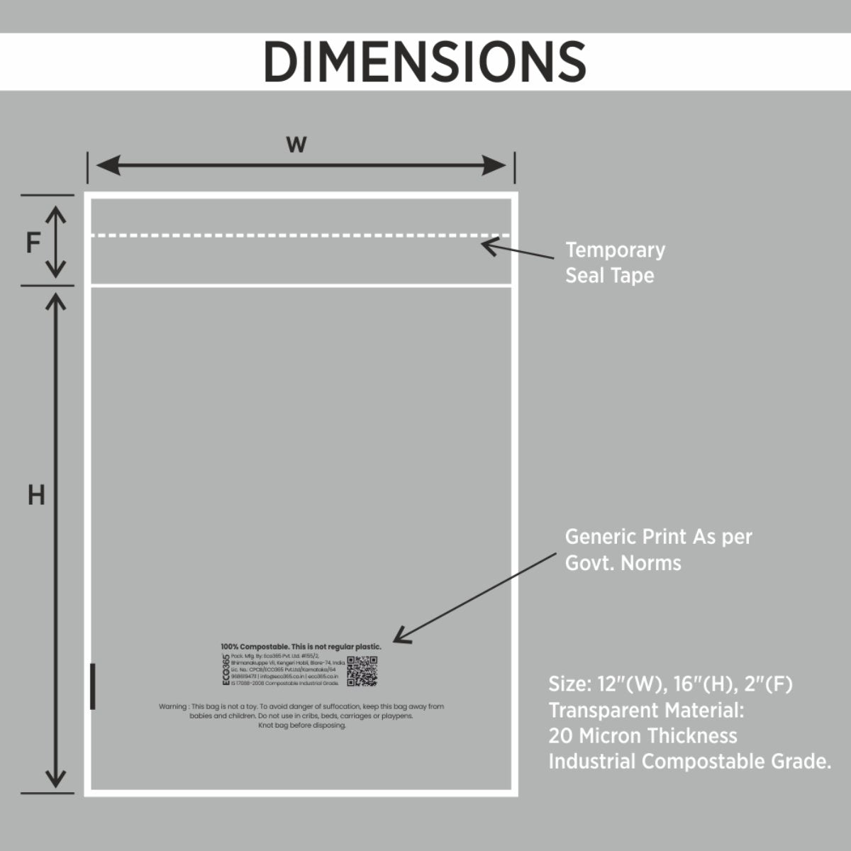 Compostable Transparent Garment Bags - 12x16+2 inch Flap, 1000pcs | Verified Sustainable by Brown Living™