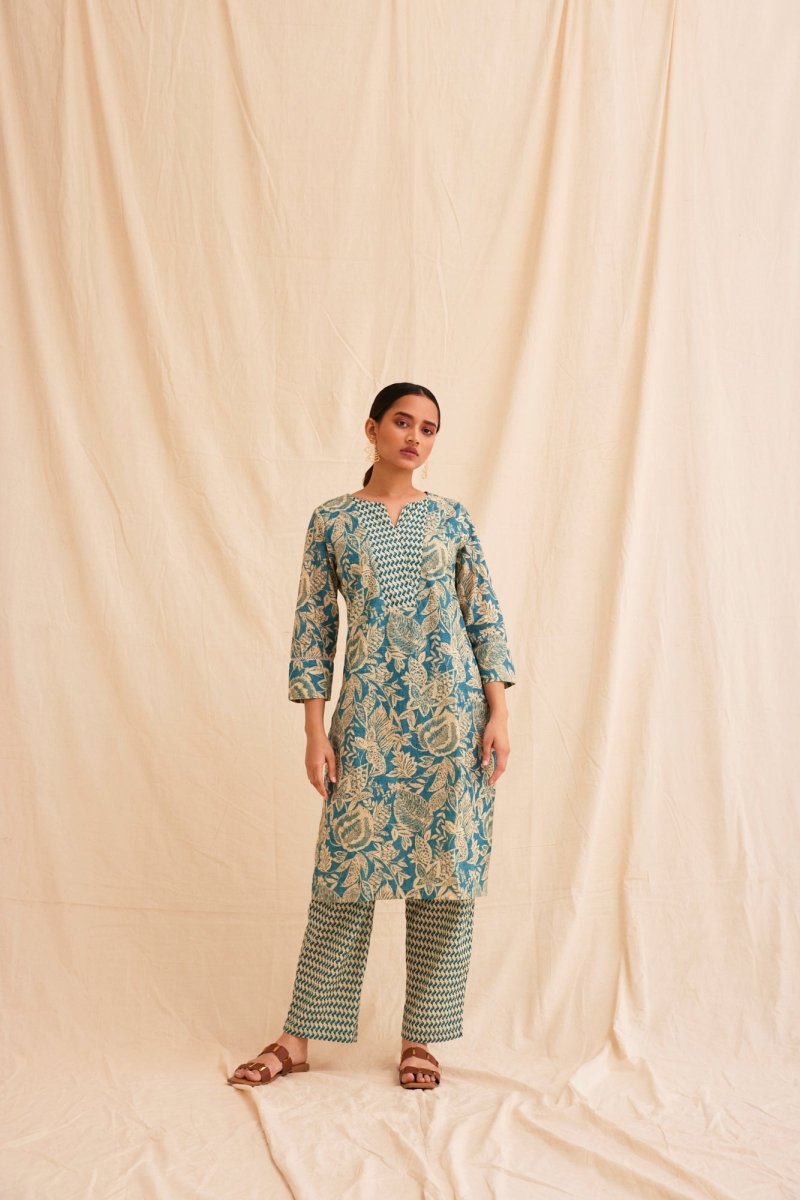 Buy Coral Blue Schiffli Cutwork Kurta with Farshi | Shop Verified Sustainable Products on Brown Living