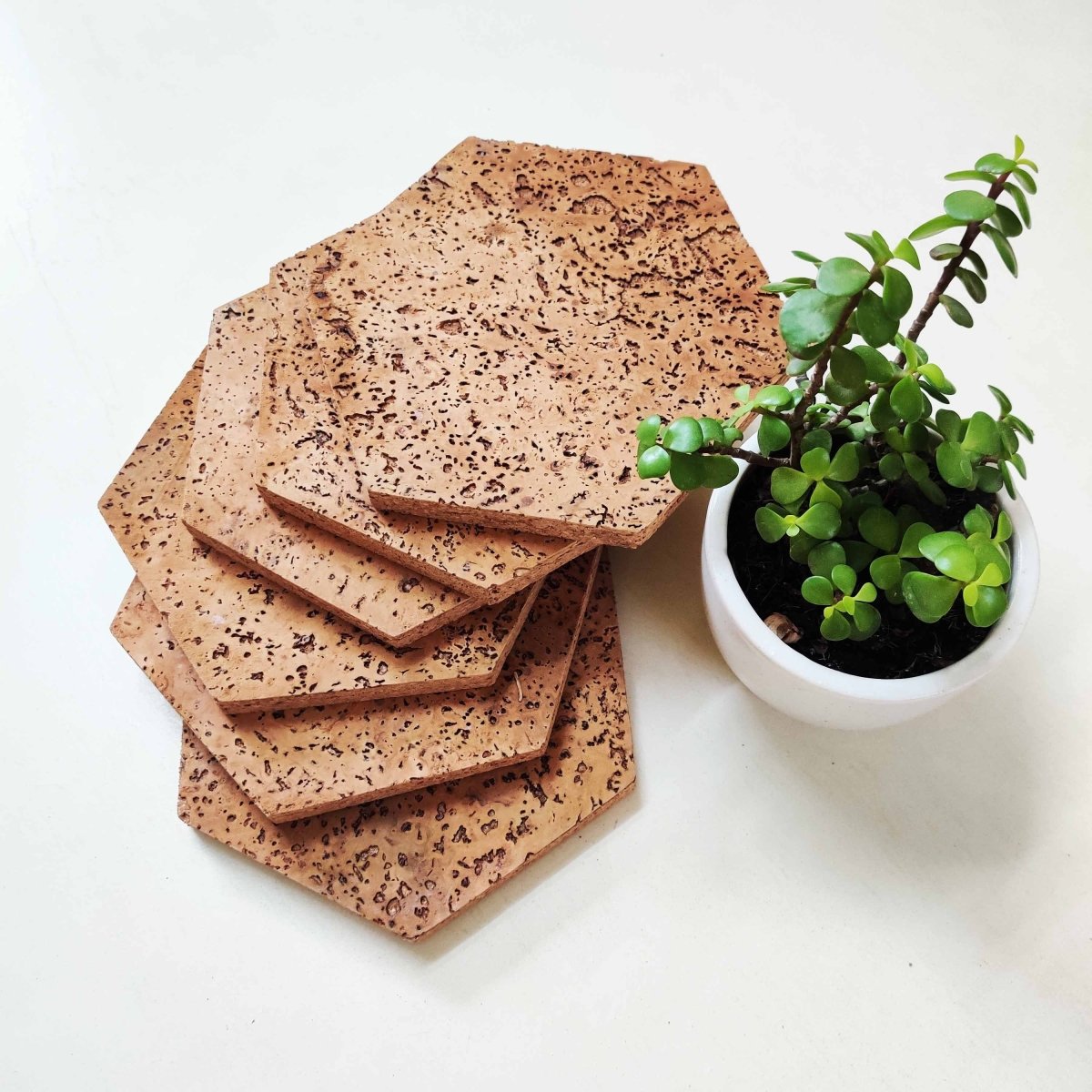 Cork Dinner Table Set - Coasters, Trivets and Placemats – Table Essentials by GreenFootPrint available on Brown Living™. Set of 2 Coasters 2 Trivets 2 Placemats . SKU: CK - HexSet2. Img 5.