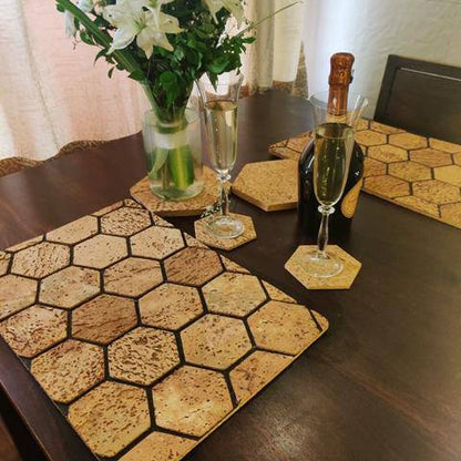 Cork Dinner Table Set - Coasters, Trivets and Placemats – Table Essentials by GreenFootPrint available on Brown Living™. Set of 2 Coasters 2 Trivets 2 Placemats . SKU: CK - HexSet2. Img 2.