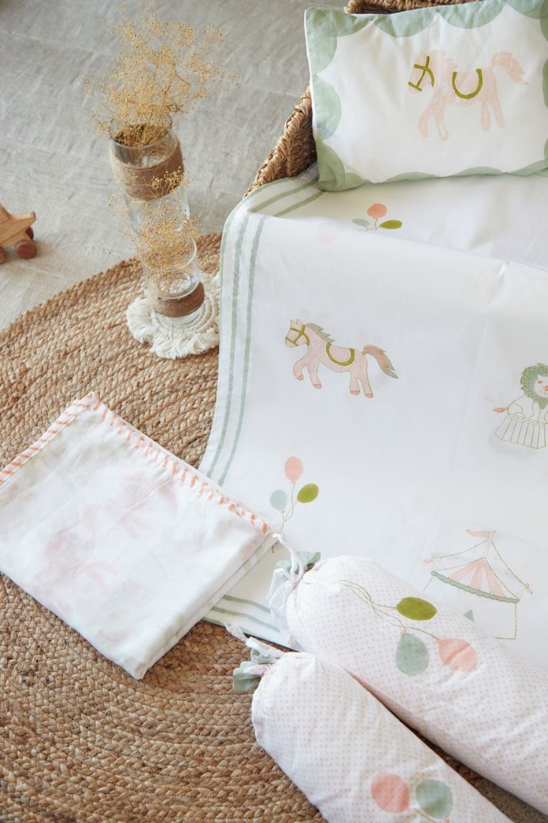 Cot Bedding Set - I Am Going To The Circus With Dohar - Peach | Verified Sustainable by Brown Living™