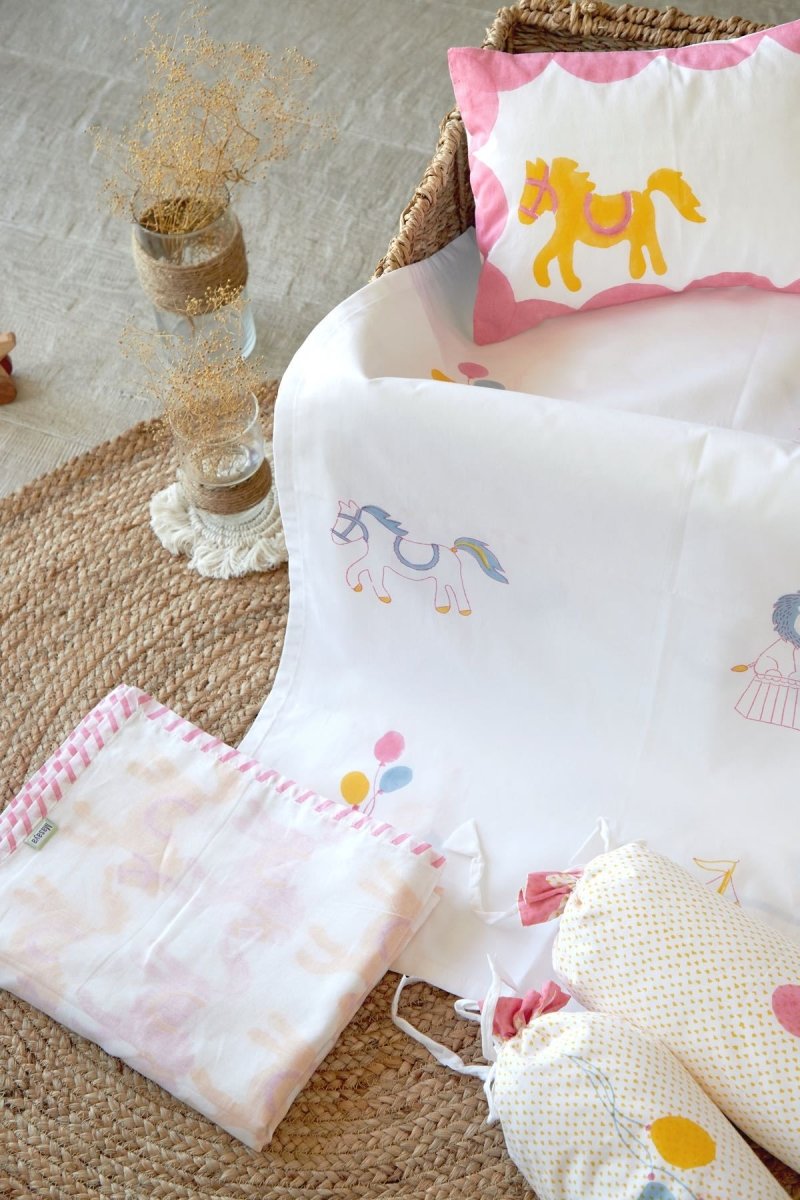 Cot Bedding Set - I Am Going To The Circus With Dohar - Pink | Verified Sustainable by Brown Living™