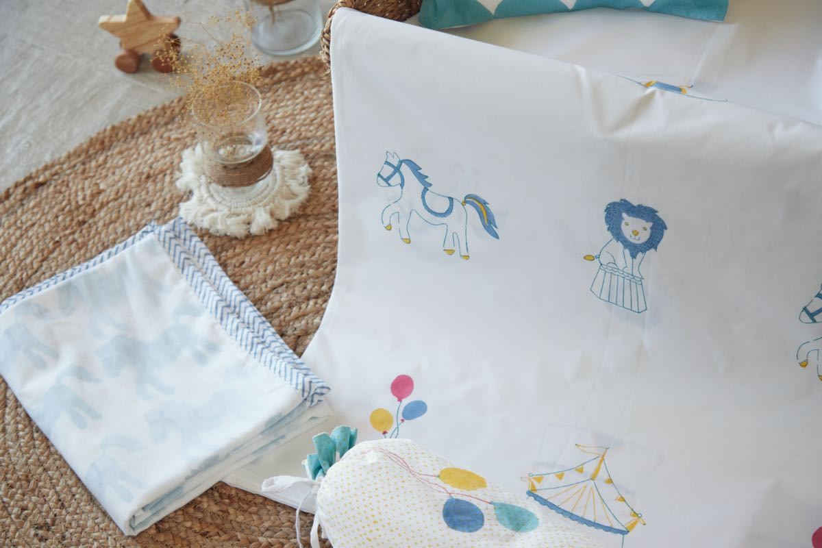 Cot Bedding Set - I Am Going To The Circus With Dohar - Teal | Verified Sustainable by Brown Living™