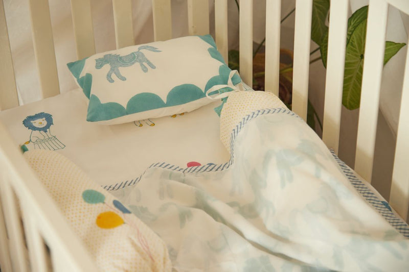 Buy Cot Bedding Set - I Am Going To The Circus With Dohar - Teal | Shop Verified Sustainable Bed Linens on Brown Living™