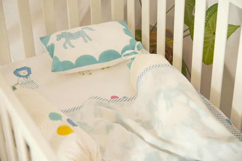 Buy Cot Bedding Set - I Am Going To The Circus With Dohar - Teal | Shop Verified Sustainable Bed Linens on Brown Living™