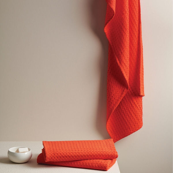 Crayon Solid Textured Waffle Bath Towel-Heliconia | Verified Sustainable Bath Linens on Brown Living™