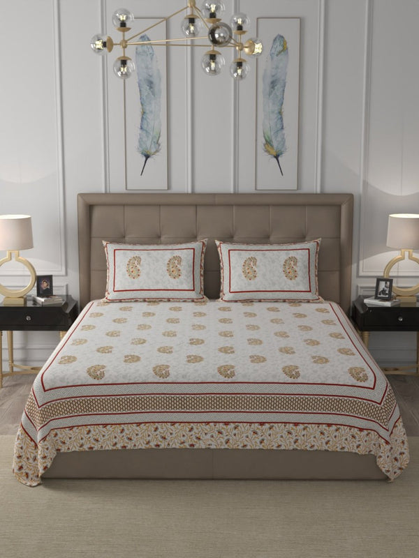 Buy Cream Elegant Hand Block Paisley Print Cotton Super King Size Bedding Set | Shop Verified Sustainable Bedding on Brown Living™