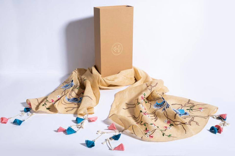 Buy Cream Linen Scarf With Embroidered Birds And Fancy Corner Tassels | Shop Verified Sustainable Products on Brown Living