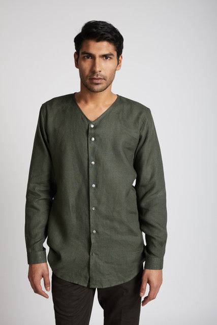 Buy Crescent V-Neck Kurta Bottle Green | Shop Verified Sustainable Products on Brown Living