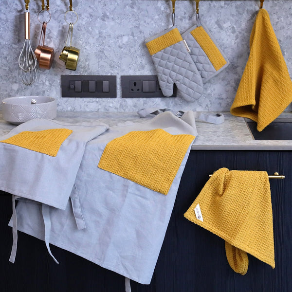Buy Culinary Companions - Chic Grey & Ochre Glove & Pot Holder Combo | Shop Verified Sustainable Products on Brown Living