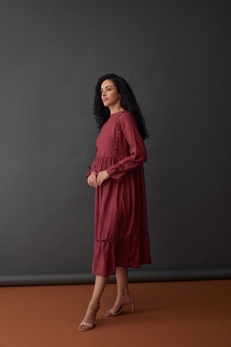 Cupro Crinkle Dress-Red Plum | Verified Sustainable Womens Dress on Brown Living™
