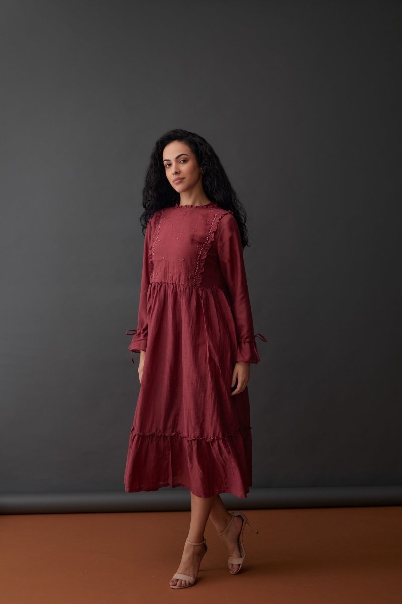 Cupro Crinkle Dress-Red Plum | Verified Sustainable Womens Dress on Brown Living™