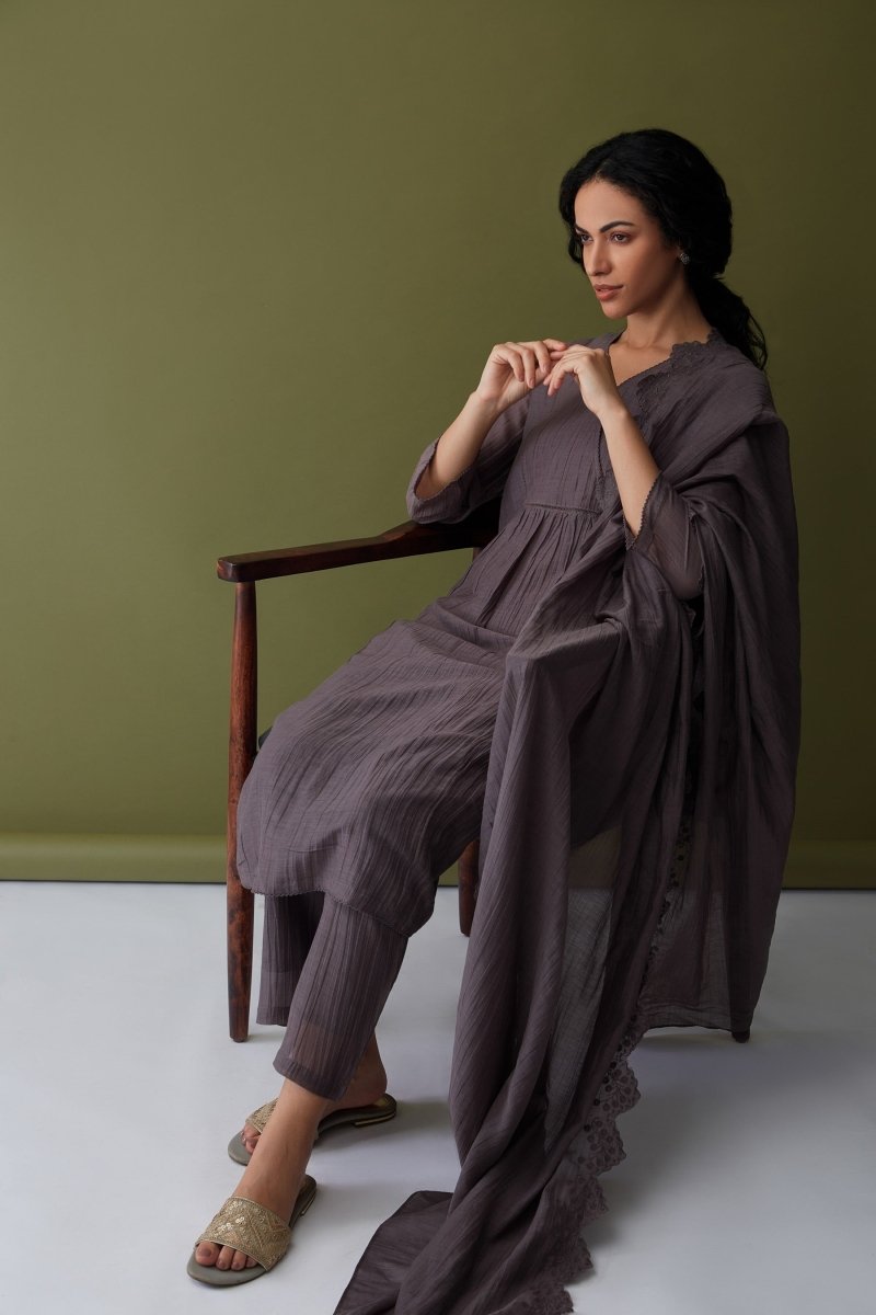 Cupro Grey Kurta Set with Cutwork Odhani | Verified Sustainable Womens Kurta on Brown Living™