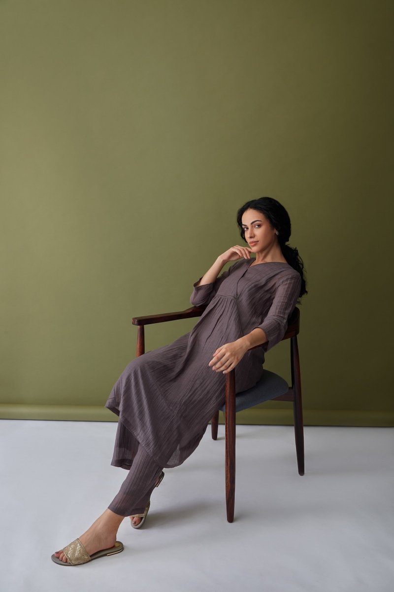 Cupro Grey Kurta Set with Cutwork Odhani | Verified Sustainable Womens Kurta on Brown Living™