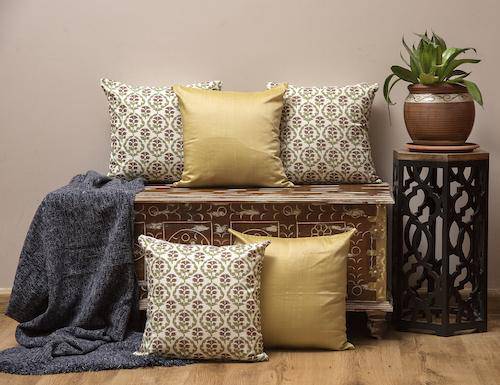 Cushion Combo - Set of 2 & 5 (White Block Print Jaal & Forest Green Covers) | Verified Sustainable by Brown Living™