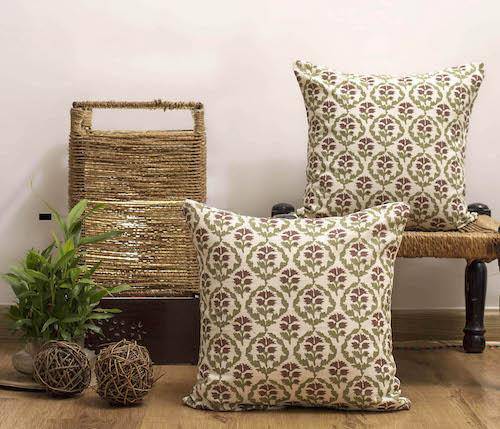 Cushion Combo - Set of 2 & 5 (White Block Print Jaal & Forest Green Covers) | Verified Sustainable by Brown Living™