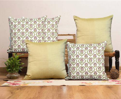 Buy Cushion Combo - Set of 2 & 5 (White Block Print Jaal & Forest Green Covers) | Shop Verified Sustainable Covers & Inserts on Brown Living™