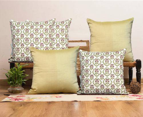 Cushion Combo - Set of 2 & 5 (White Block Print Jaal & Forest Green Covers) | Verified Sustainable by Brown Living™