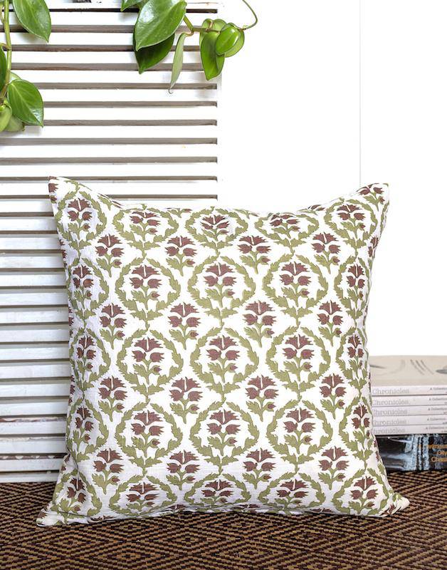 Cushion Combo - Set of 2 & 5 (White Block Print Jaal & Forest Green Covers) | Verified Sustainable by Brown Living™