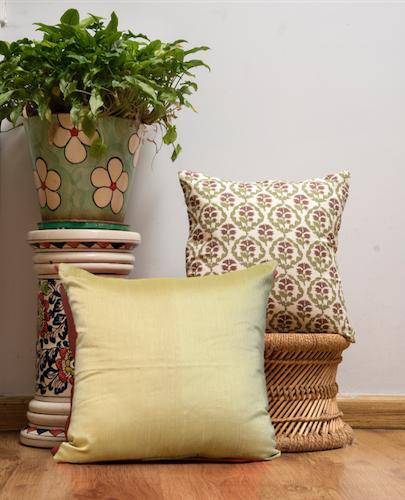 Cushion Combo - Set of 2 & 5 (White Block Print Jaal & Forest Green Covers) | Verified Sustainable by Brown Living™