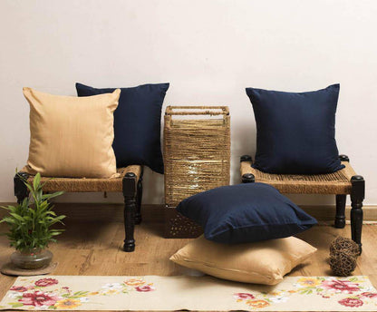 Cushion Cover 5 pc Combo - 3 Royal Blue & 2 Natural Beige Cushion covers | Verified Sustainable by Brown Living™