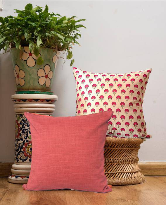Buy Cushion Cover Combo - 16x16 inch - Chanderi Beige Fuchsia & Sunset Red | Shop Verified Sustainable Covers & Inserts on Brown Living™