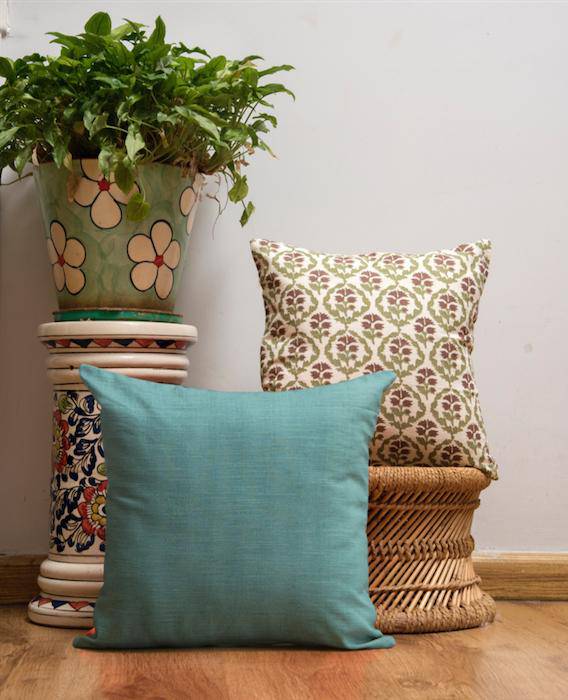 Cushion Cover Combo - 16x16 inch - White Block Print Jaal & Emerald Green | Verified Sustainable by Brown Living™