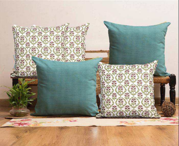 Cushion Cover Combo - 16x16 inch - White Block Print Jaal & Emerald Green | Verified Sustainable by Brown Living™