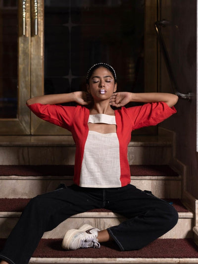 Cut The Crap Top | 100% Handwoven Cotton Fabric | Bold Red Cut Out Top with Cream Fabric Detailing – Womens Top on Brown Living™. SKU: UCC - XS. Img 5.