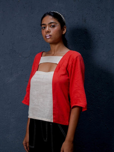 Cut The Crap Top | 100% Handwoven Cotton Fabric | Bold Red Cut Out Top with Cream Fabric Detailing – Womens Top on Brown Living™. SKU: UCC - XS. Img 1.