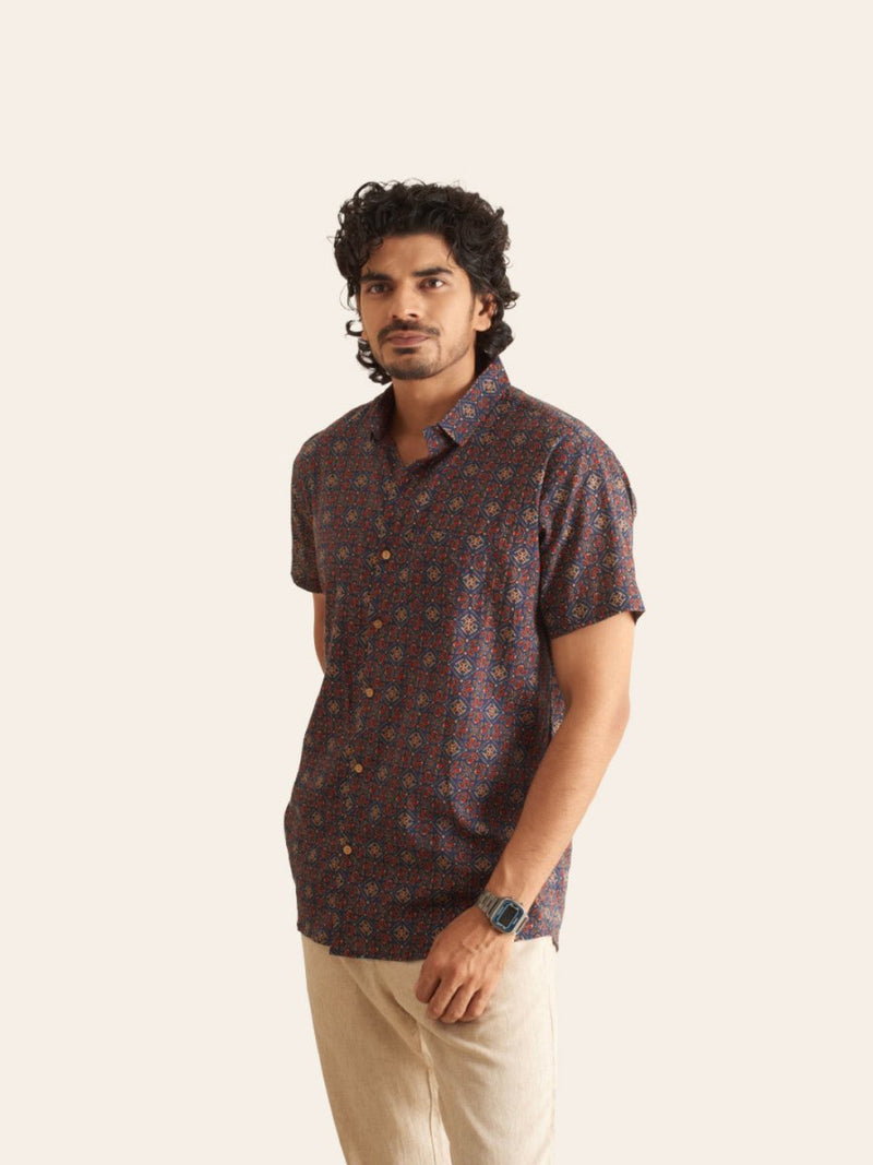 Buy Dark Blue Ajrakh Printed Cotton Shirt | Shop Verified Sustainable Mens Shirt on Brown Living™