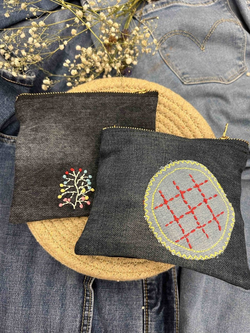 Buy Denim Pouch Combo | Set of 2 | Hand Embroidered | Shop Verified Sustainable Organisers on Brown Living™