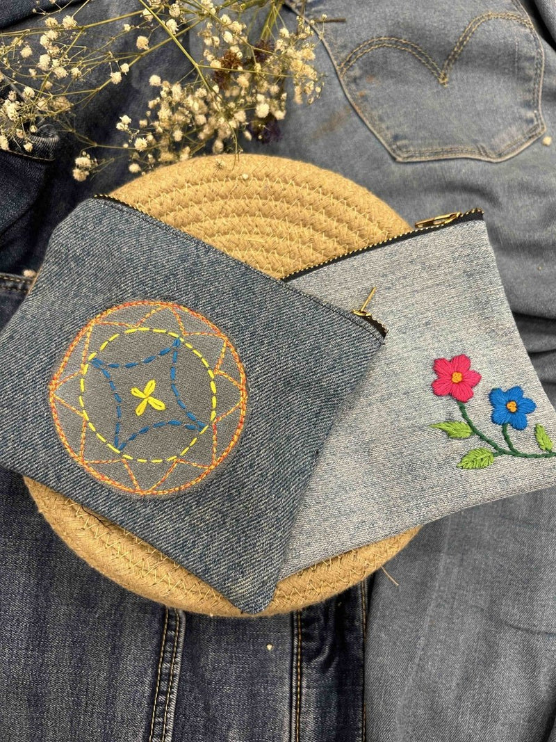 Buy Denim Pouch Combo | Set of 2 | Hand Embroidered | Shop Verified Sustainable Travel Organiser on Brown Living™
