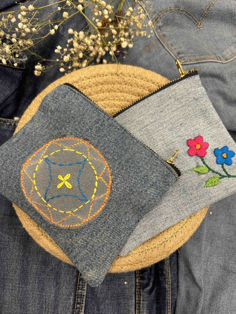 Buy Denim Pouch Combo | Set of 2 | Hand Embroidered | Shop Verified Sustainable Travel Organiser on Brown Living™