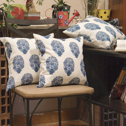 Designer Block Print Premium Cotton Cushion Cover - White With Blue Motif | Verified Sustainable by Brown Living™