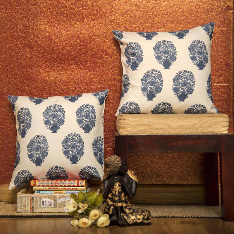 Buy Designer Block Print Cushion Cover with Premium Handmade Cotton Fabric - White With Blue Motif | Shop Verified Sustainable Covers & Inserts on Brown Living™