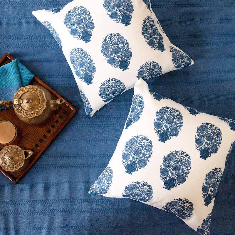 Designer Block Print Premium Cotton Cushion Cover - White With Blue Motif | Verified Sustainable by Brown Living™