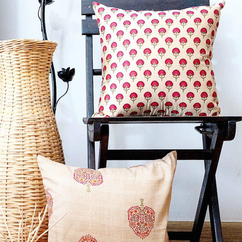 Buy Designer Cushion Cover With Premium Chanderi Silk Fabric (Beige Fuchsia Booti) | Shop Verified Sustainable Products on Brown Living
