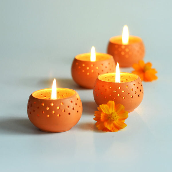 Buy Dome Handmade Candle Holders- Orange- Set Of 4 with Free Candles | Shop Verified Sustainable Products on Brown Living
