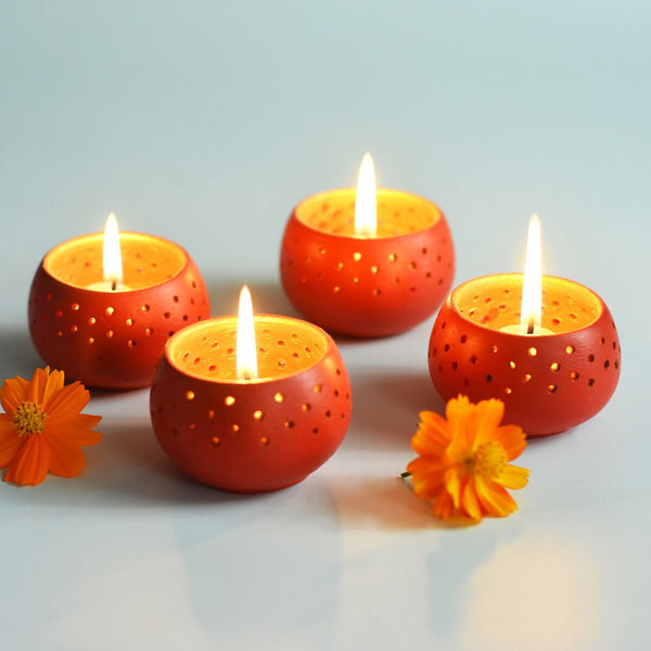 Buy Dome Red Handmade Candle Holders- Set Of 4 with Free Soywax Candles | Shop Verified Sustainable Candles & Fragrances on Brown Living™