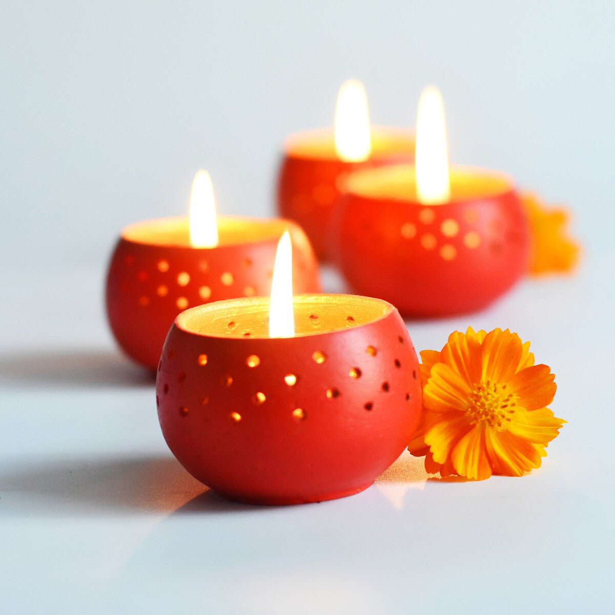 Dome Red Handmade Candle Holders - Set of 4 with Free 4 Soywax Candles | Verified Sustainable by Brown Living™