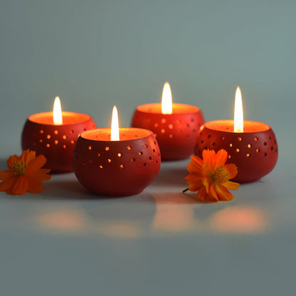 Dome Red Handmade Candle Holders - Set of 4 with Free 4 Soywax Candles | Verified Sustainable by Brown Living™