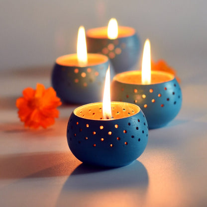 Dome Sky Blue Handmade Candle Holders - Set of 4 with Free 4 Soywax Candles | Verified Sustainable by Brown Living™