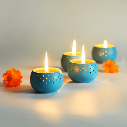 Dome Sky Blue Handmade Candle Holders - Set of 4 with Free 4 Soywax Candles | Verified Sustainable by Brown Living™