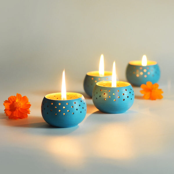 Buy Dome Sky Blue Handmade Candle Holders- Set Of 4 with Free Soywax Candles | Shop Verified Sustainable Candles & Fragrances on Brown Living™